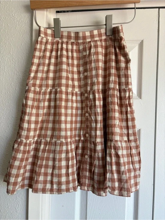 Old-Navy Girls 10-12 Gingham Skirt - Cream & Brown
