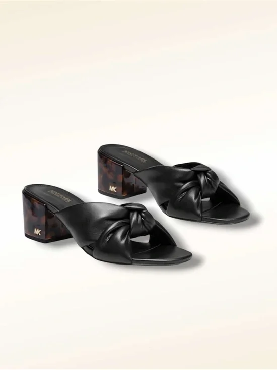 Michael Kors Black Leather Knot‎ Mule Sandals Tortoise Block Heel Women's 9
