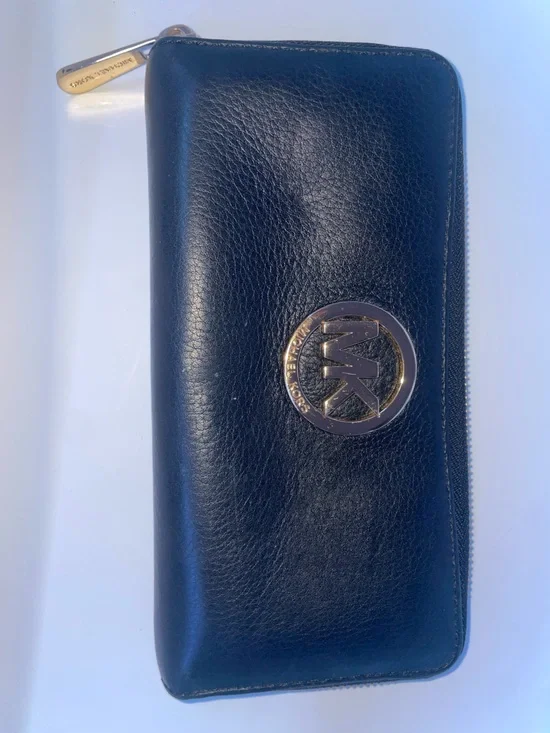 Michael Kors Black Pebbled Leather Zip-Around Continental Wallet –Gold MK Emblem