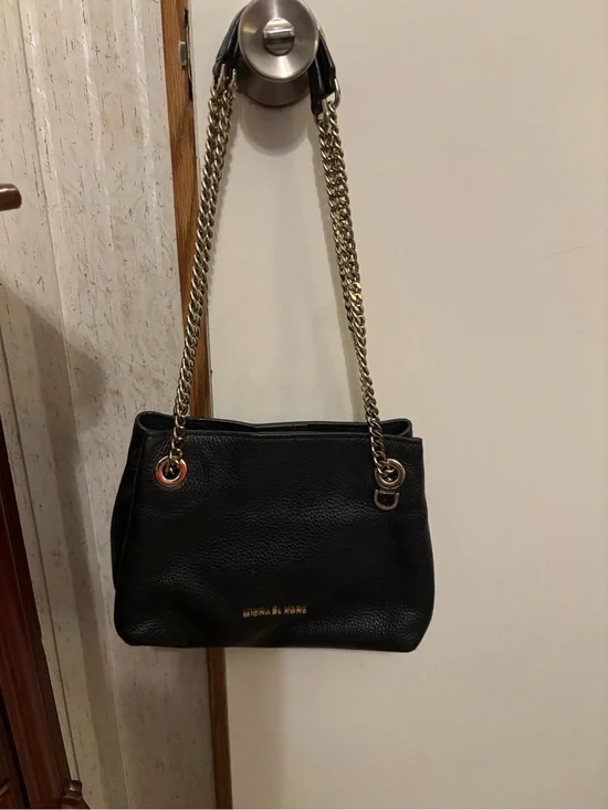 Michael Kors Black Pebbled Leather Shoulder Bag with Gold Chain Straps