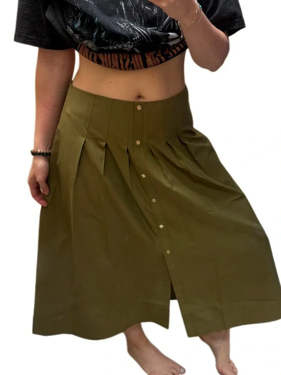 New michael Kors Olive Green Button-Front Safari style Pleated Midi Skirt Sz L