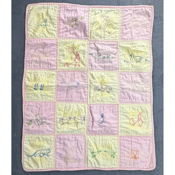 1940's Handmade Baby Quilt Pink Yellow Patchwork Embroidered Animal Nursery Folk