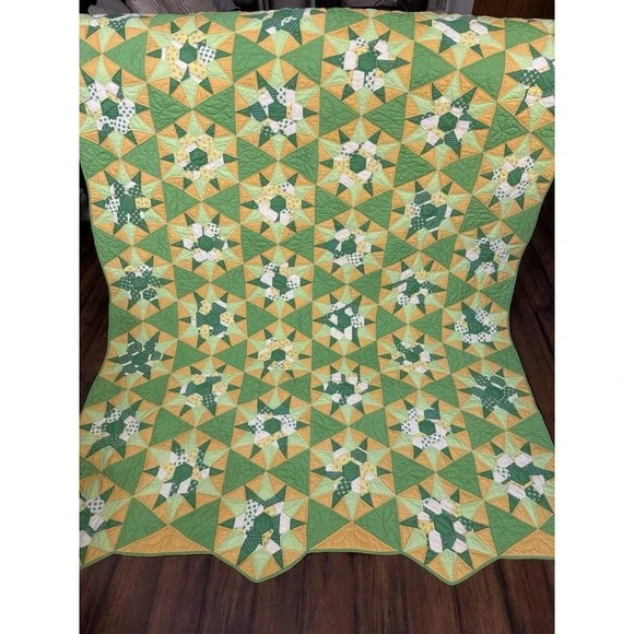 Vintage Hand Made Nine Patch Star Quilt 5'x8' Green Yellow Quilted Twin‎ Double