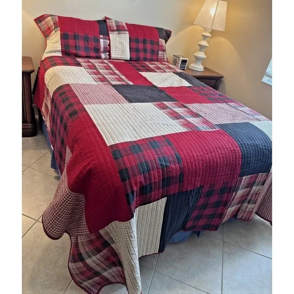 WOOLRICH Quilt King Patchwork 3pc‎ Red Black Bedding Shams Vintage 108x92 Cabin
