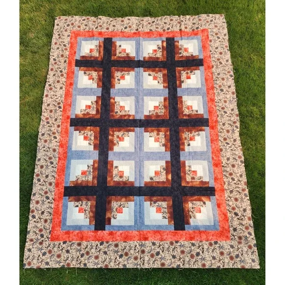 Handmade Southwest Kokopelli Log Cabin Quilt Top Blue Orange 78x106 Unfinished