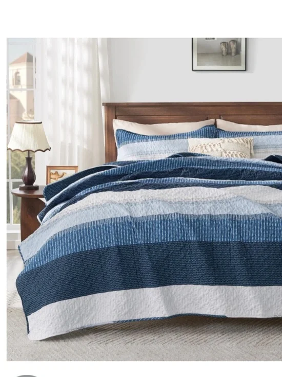 TWIN SIZE Quilted Patchwork Bedspread Set - NAVY BLUE STRIPE