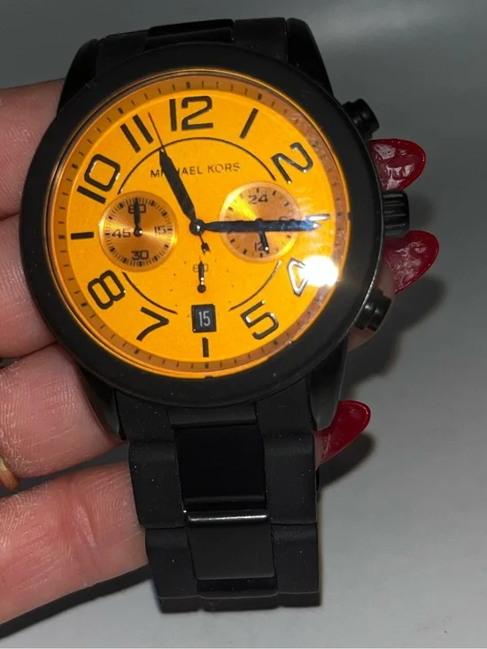 Michael Kors Bold Orange Dial Black Metal Bracelet Watch