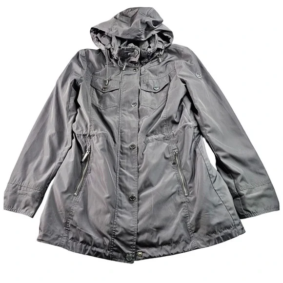 Michael Kors‎ Anorak Rain Coat Women's S Gray Long Sleeve Hooded Snap Inside Zip