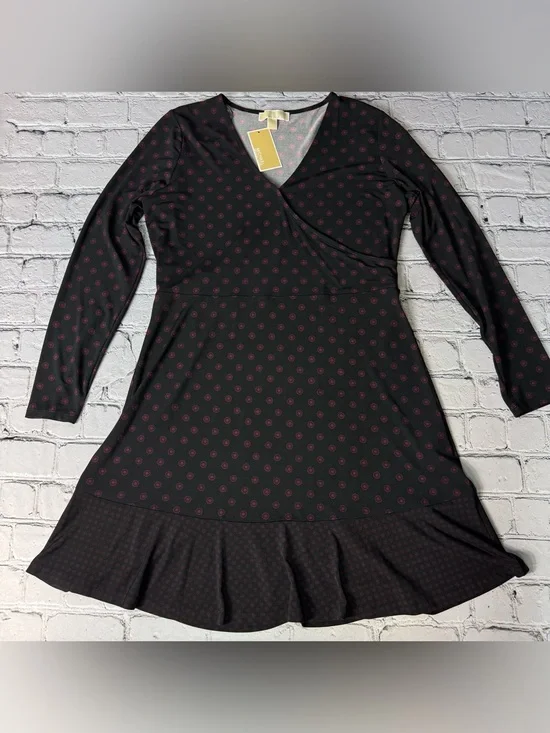 Michael Kors NWT Black Long Sleeve Wrap Dress with Maroon Red Dot Pattern Size L