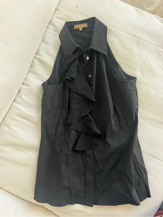 Michael Kors Black Sleeveless Ruffle-Front Button Blouse