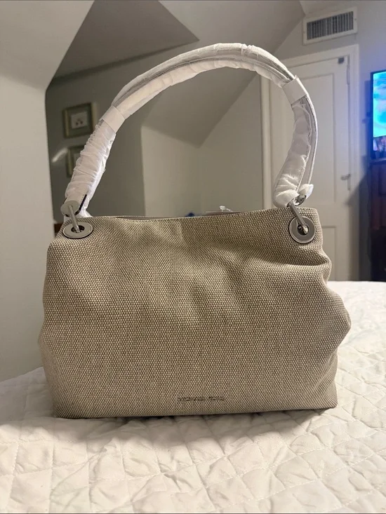 Michael Kors Beige Canvas Shoulder Tote with Silver Grommets