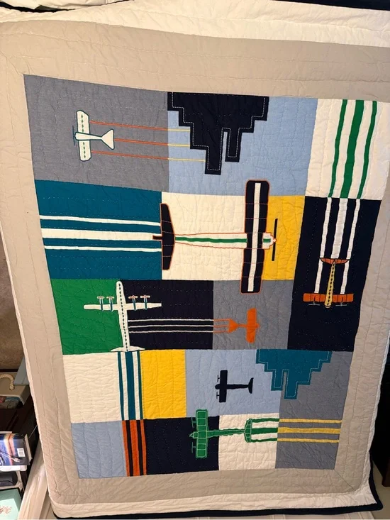 Pottery Barn Kids Airplane Patchwork Quilt - Blue, Green, Yellow, Gray