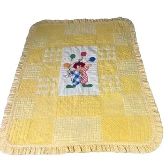 Vintage Handmade Patchwork Hand Quilted Crib Quilt Clown balloons Ruffled Edge