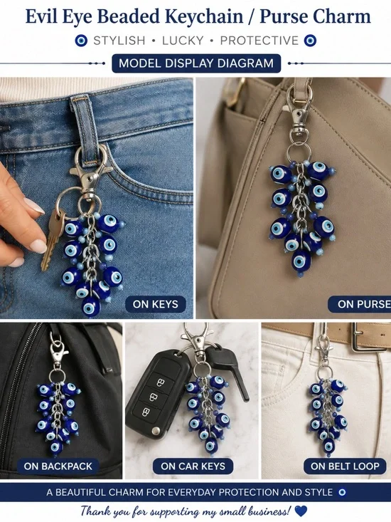 Blue Evil Eye Beaded Keychain Purse Charm Nazar Lucky Protection Lobster Clasp