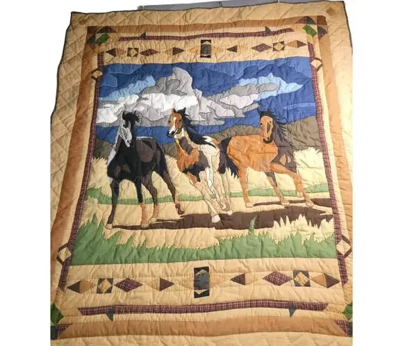 PATCH MAGIC 3 Horses Western Cotton Quilt Throw Wall Hanging 60x53