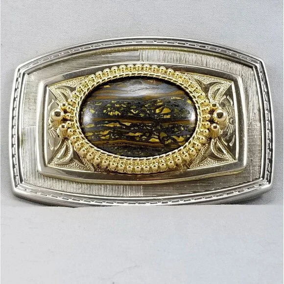 Belt Buckle Women's Unisex Onyx Ornate Western Filigree Gold And Silver Color‎