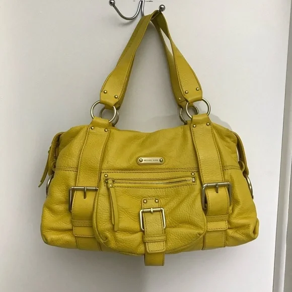 Michael Kors Yellow Leather Outer Pockets Double Handle Satchel Purse Bag