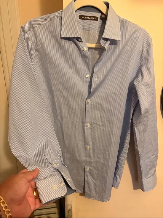 Michael Kors Men's Blue Pinstripe Spread Collar Dress Shirt