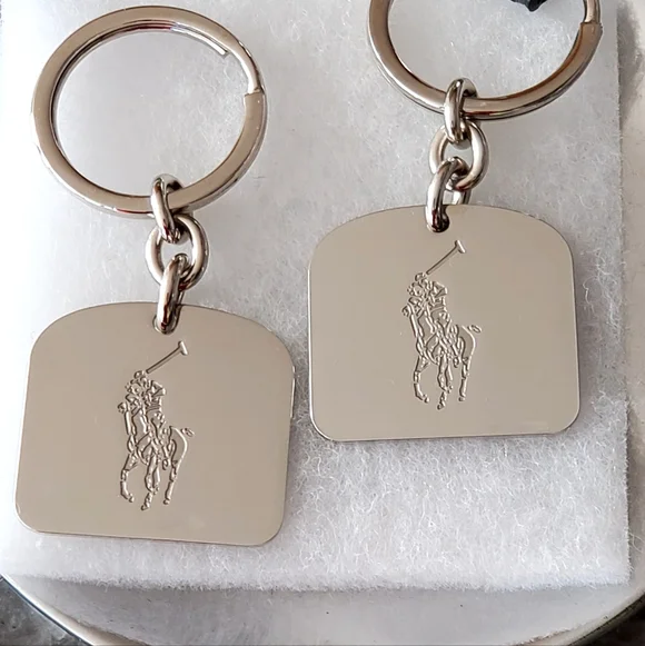 Polo Ralph Lauren Set of 2 Silver Tone Metal Engraved Logo Key Chains, NWOT