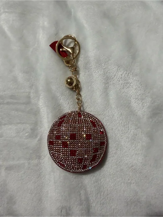 Gold-Tone Red Rhinestone Disc Keychain Charm