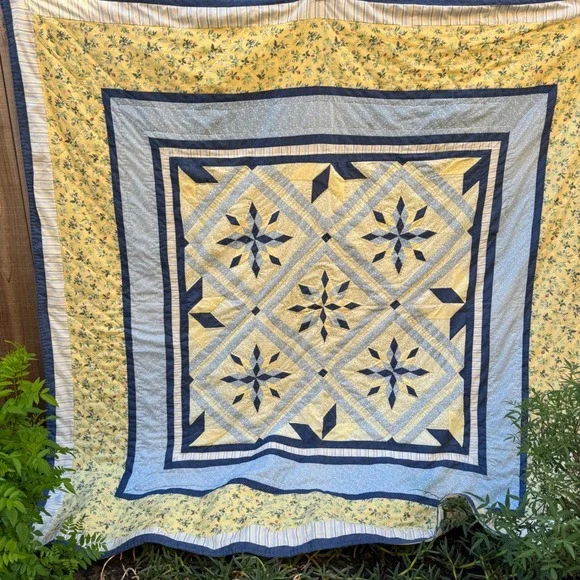 Handmade Star Patchwork Quilt Blue Yellow Floral Granny cottage blanket 84x84