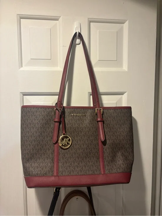 Michael Kors Brown MK Logo Tote with Burgundy Trim