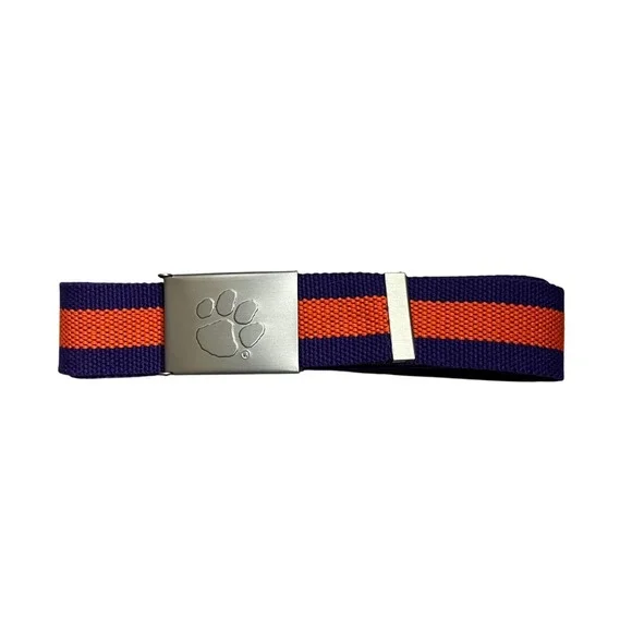 Clemson Tigers NCAA Web Belt Purple Orange Paw Print Logo Silver Slider Buckle