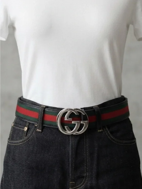 New !! Men’s Web Stripe Belt with Double G Buckle - Black/Green/Red