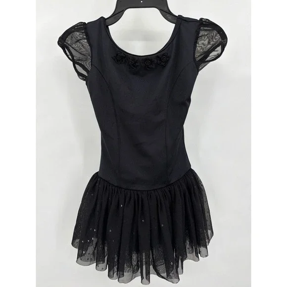 Capezio Kids Black‎ Tutu Leotard Dress Floral Sequin Mesh Cap Sleeve Size I