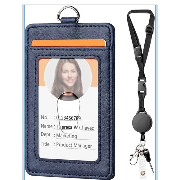 Leather Badge Holder Adjustable Retractable Lanyards Quick Release Buckle Blue