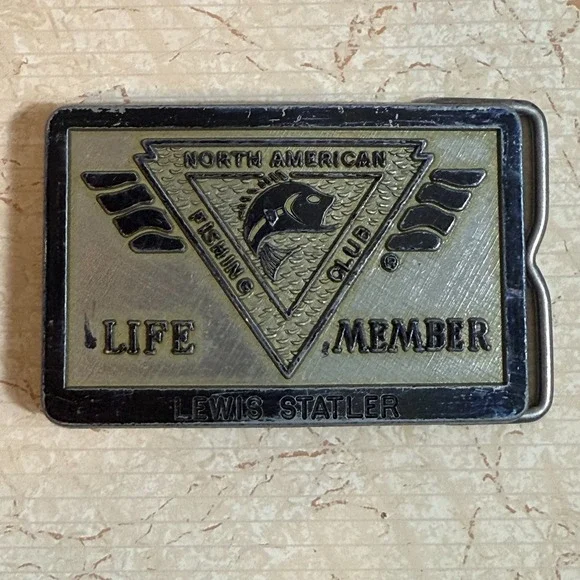 Vtg North‎ American Fishing Club Life Member Belt Buckle Engraved Name