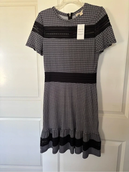 Michael Kors Black and White Check Midi Dress with Lace Insets
