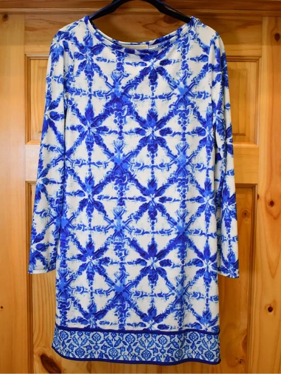 Michael Kors Blue & White Printed 3/4 Sleeve Mini Shift Dress P/M