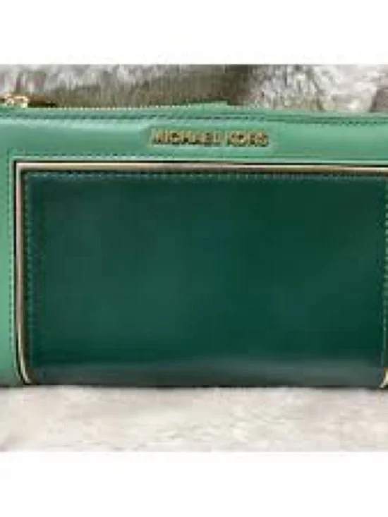 Michael Kors Cell Phone Two-Tone Green Leather Zip Wallet with Gold Hardware