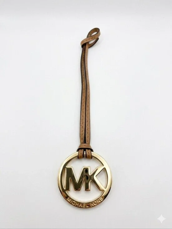 Michael Kors Tan Leather Strap MK Logo Key Ring Charm Purse Tag