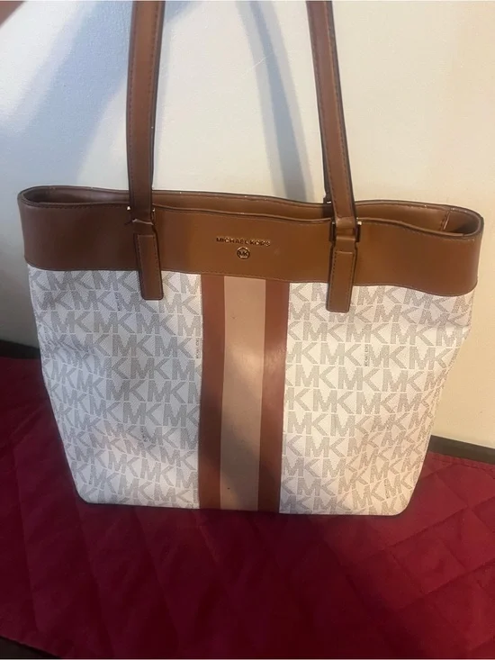 Michael Kors Cream Logo Tote with Brown & Tan Center Stripe