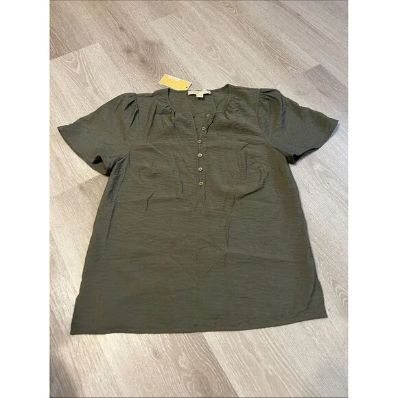 Michael Kors NWT Olive Green Half Button Lightweight Silky Blouse Sz Small