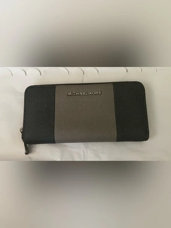 Michael Kors Black and Gray Zip-Around Saffiano Wallet