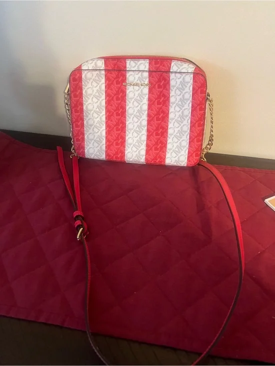Michael Kors Red and White Striped Logo Crossbody