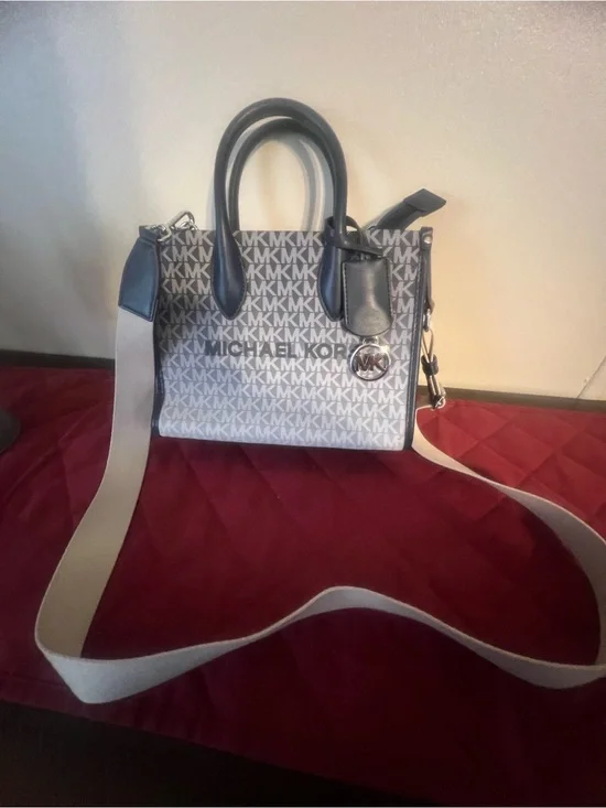 Michael Kors Gray MK Logo Satchel with Black Handles and Cream Strap