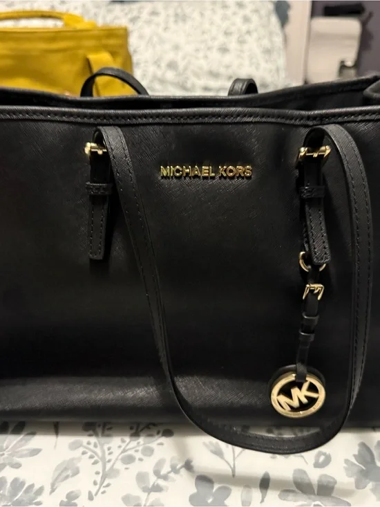 Michael Kors Black Leather Tote with Gold Hardware