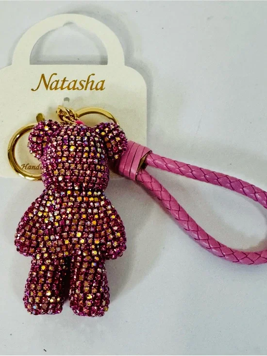 Natasha Couture Pink Crystal Teddy Bear Keychain with Braided Strap