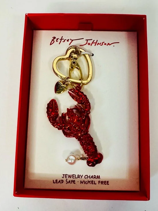 Betsey Johnson Red Crystal Lobster Key Charm with Gold Heart