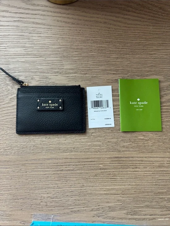 kate spade Black Leather Zip Card Holder with Gold Hardware