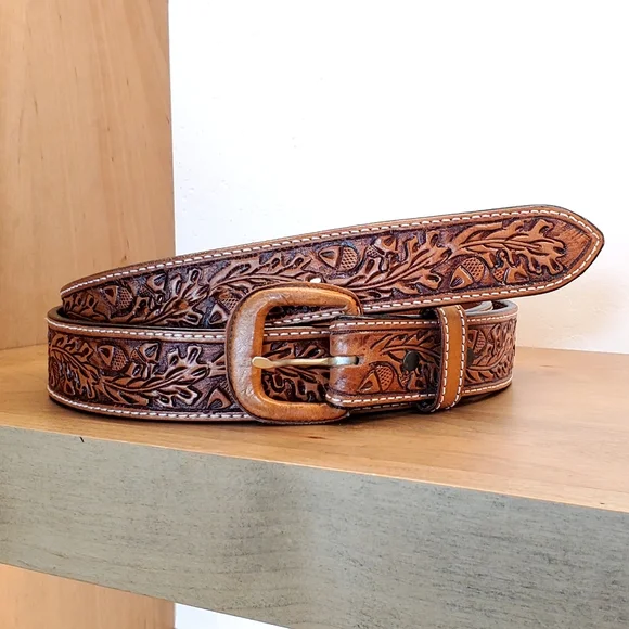 Vogt Russet Brown Hand Tooled Acorn/Leaf Leather Belt, 48