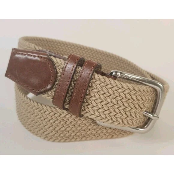 Tommy Hilfiger Mens S Tan Braided Woven Stretch Belt Leather Trim