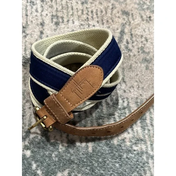 Guy Harvey Men's Woven Canvas & Leather Fish Belt Navy Size 44 Solid Brass