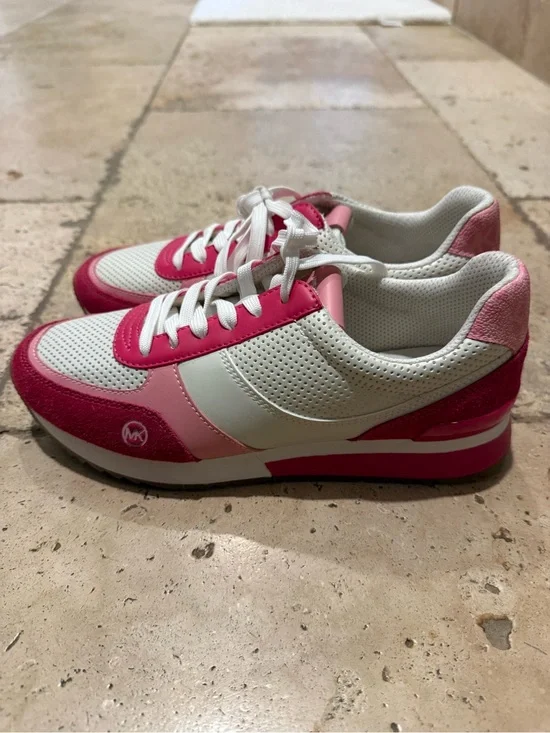 Michael Kors White and Pink Perforated Leather & Suede Sneakers