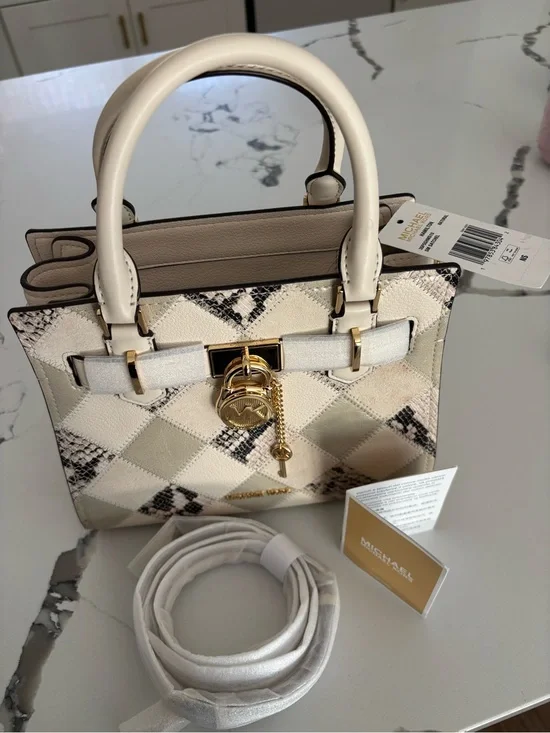 Michael Kors Cream & Black Snake-Print Leather Satchel with Gold Hardware