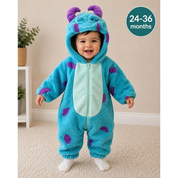 Disney Sulley Costume Romper Kids‎ 24-36 Months Blue Purple Sherpa Fleece Hooded